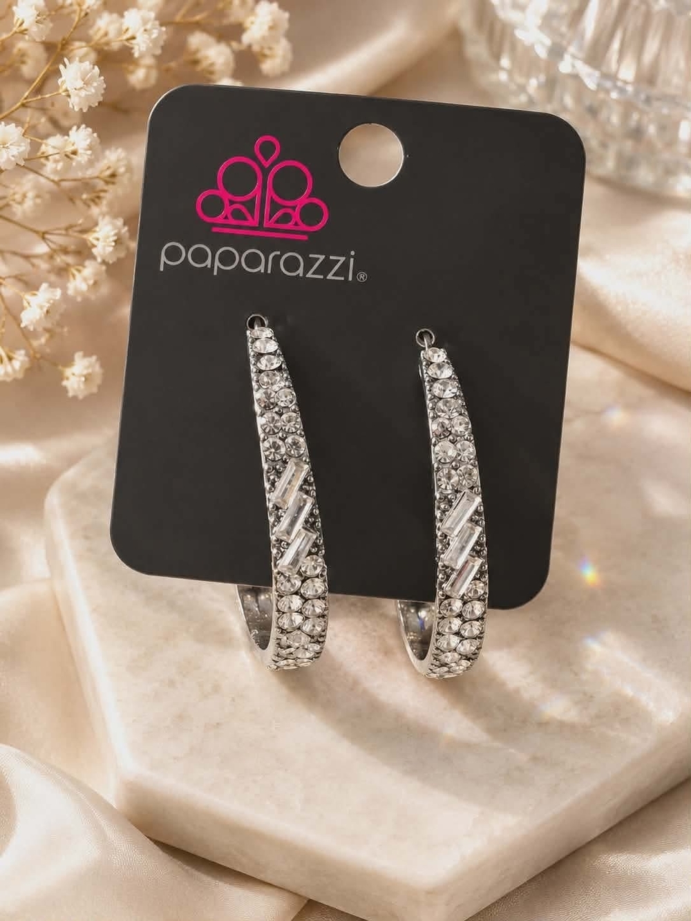 Paparazzi Silver Crystal-Stud Hoop Earrings